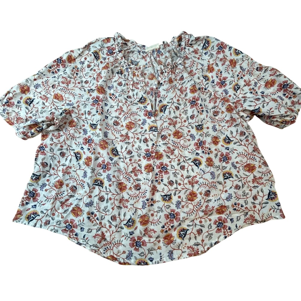 ANA Womens Floral Cotton Blouse Petite Large PL Short Sleeve V-Neck Top